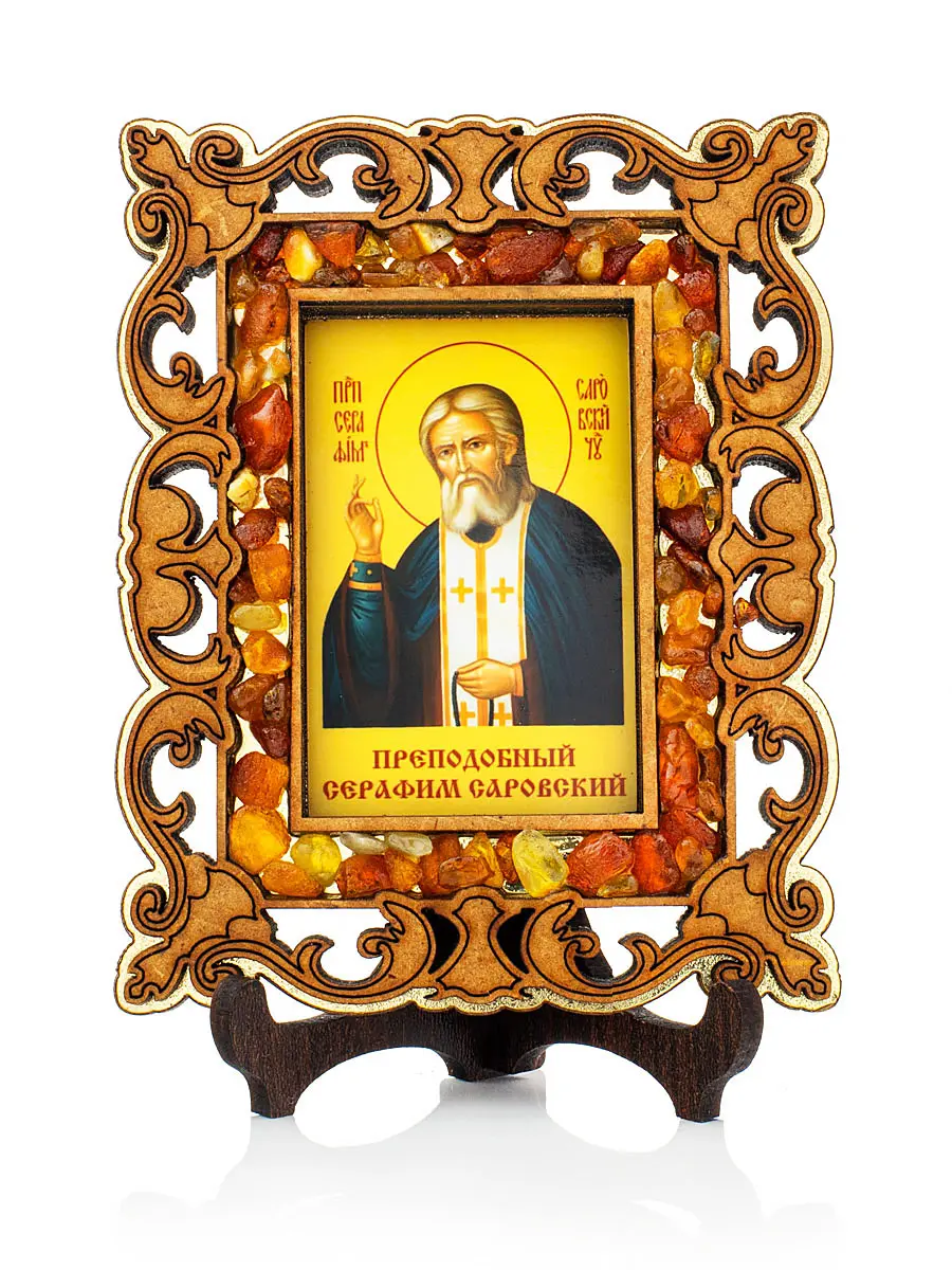 картинка Икона «Преподобный Серафим Саровский» в резной деревянной оправе с магнитом, украшенная янтарём в онлайн магазине