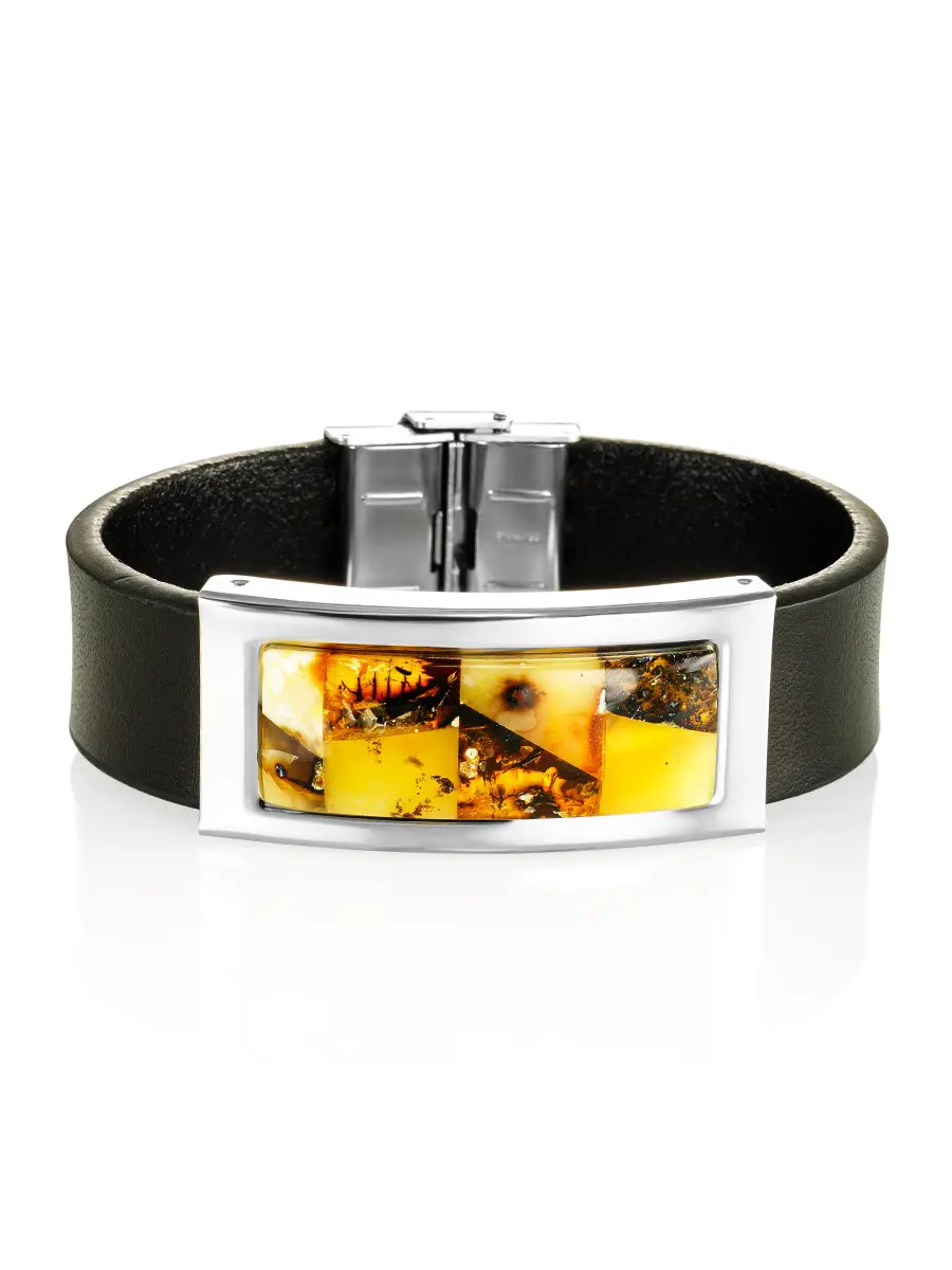картинка Широкий кожаный браслет, украшенный мозаикой из янтаря «Сильверстоун» в онлайн магазине