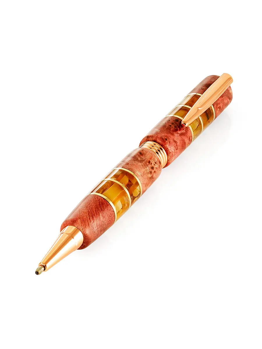 картинка Ручка-роллер из сувели карельской березы в розовой тонировке и натурального янтаря в онлайн магазине