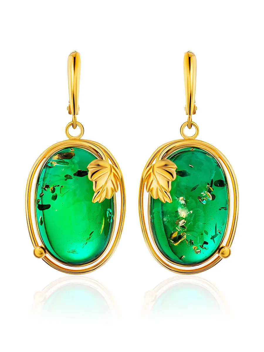 картинка Необычные серьги «Элегия» с натуральным янтарём ярко-зелёного цвета в онлайн магазине