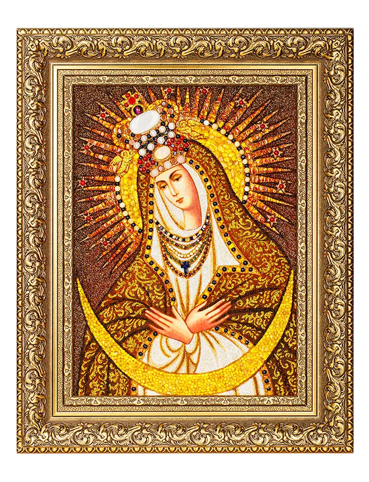 картинка Остробрамская икона Божией Матери из натурального балтийского янтаря с жемчугом и самоцветами в онлайн магазине
