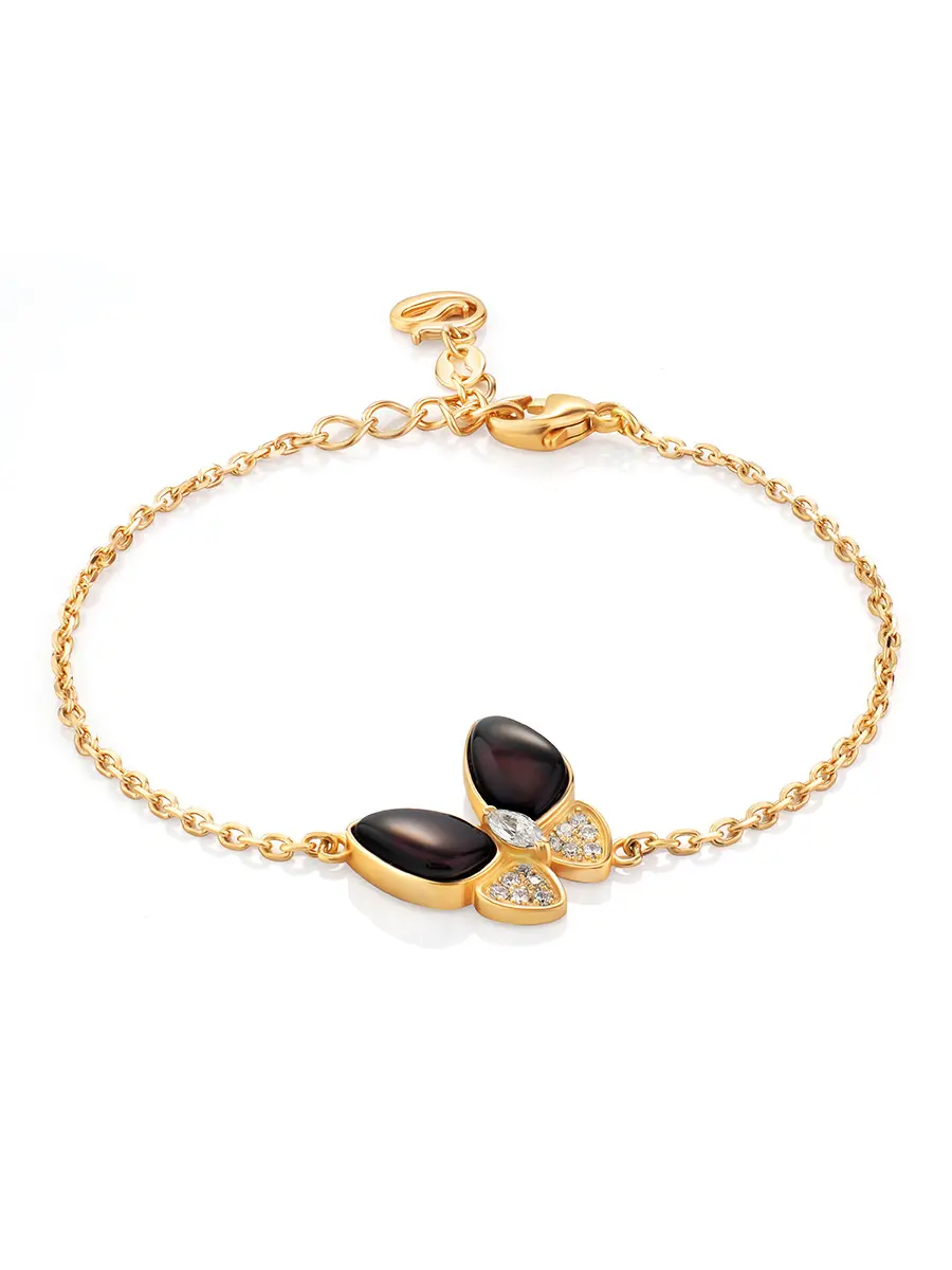картинка Нежный браслет из позолоченного серебра с вишнёвым янтарём и фианитами «Апрель» в онлайн магазине