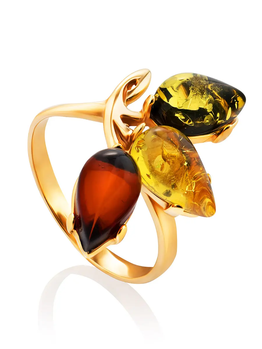 картинка Эффектное яркое кольцо из золота и натурального янтаря трёх цветов «Сакура» в онлайн магазине