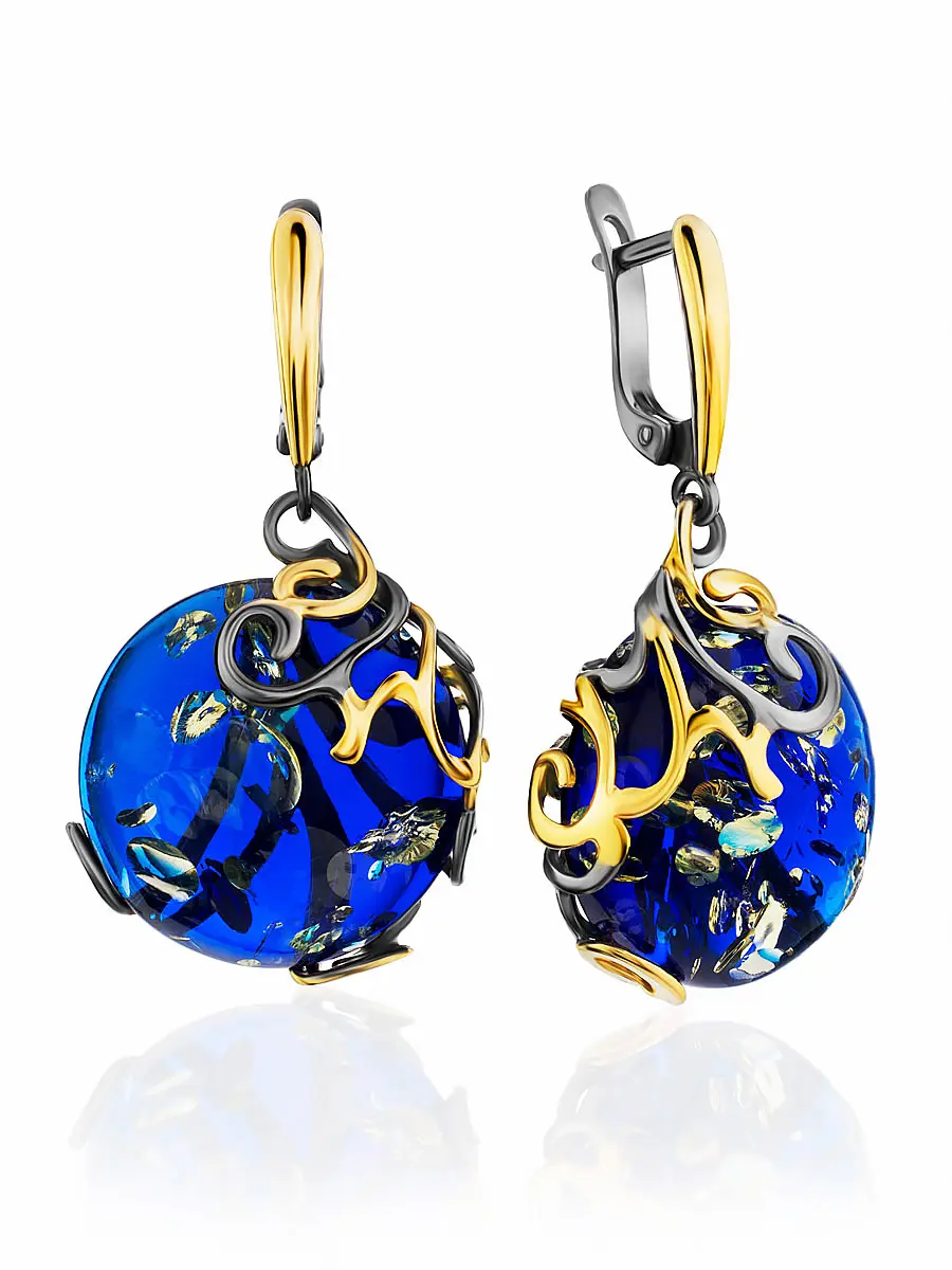 картинка Яркие серьги из янтаря глубокого синего цвета в золочённом серебре «Версаль» в онлайн магазине