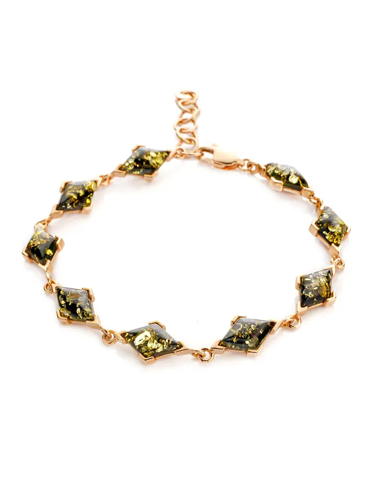 картинка Оригинальный браслет из золота с натуральным янтарём зелёного цвета «Коломбина» в онлайн магазине