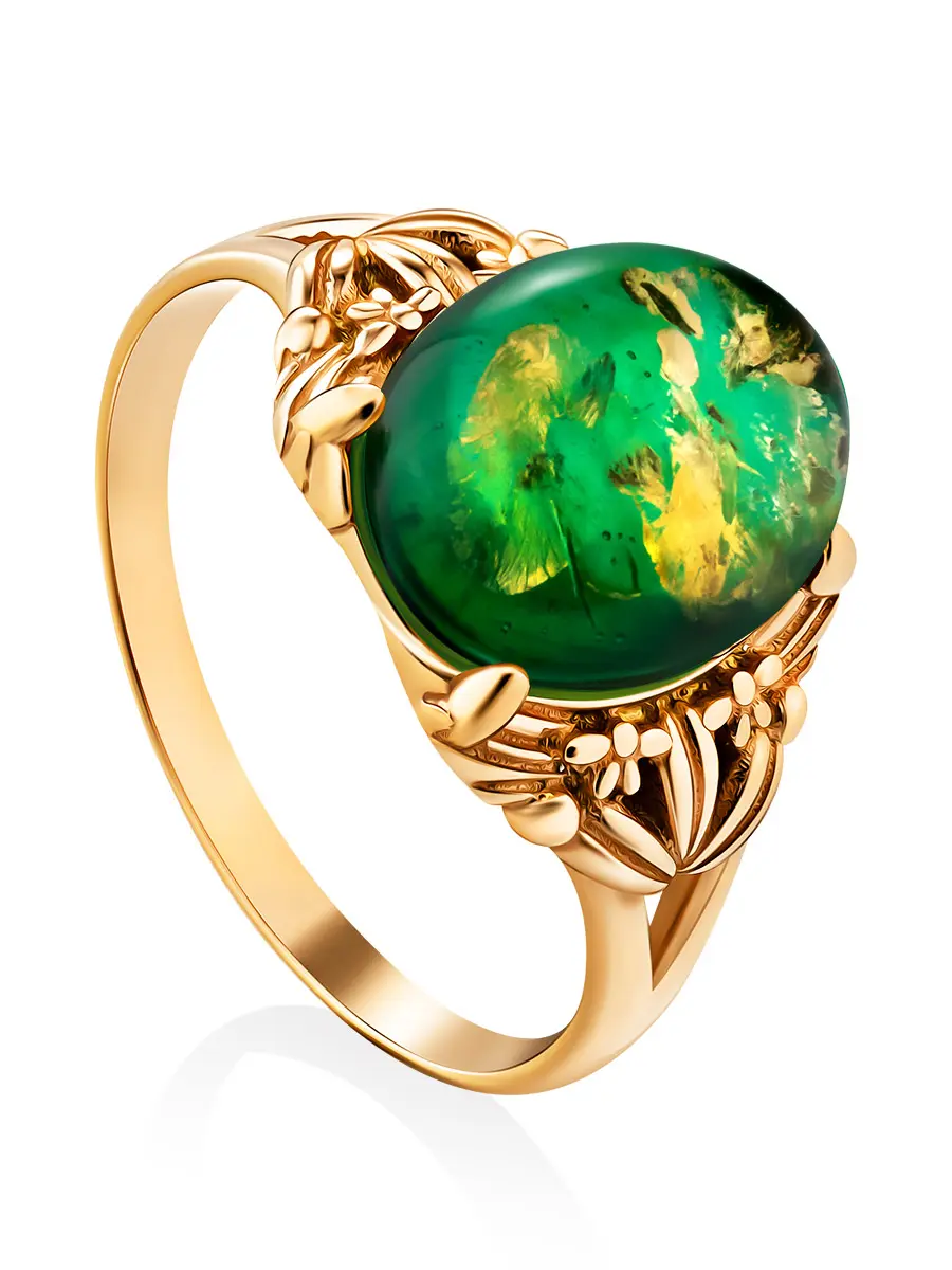 картинка Кольцо «Кармен» из необычного янтаря изумрудного оттенка в онлайн магазине