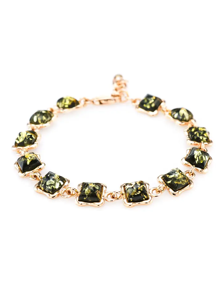 картинка Эффектный золотой браслет с натуральным балтийским янтарём зелёного цвета «Вега» в онлайн магазине