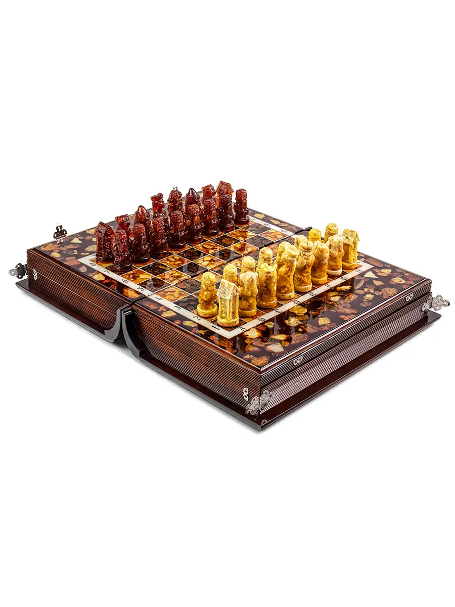 картинка Роскошный шахматный набор из дерева и натурального янтаря «Книга викингов» в онлайн магазине
