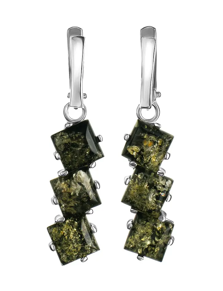 картинка Необычные серьги «Зигзаг» с зелёным янтарём в онлайн магазине