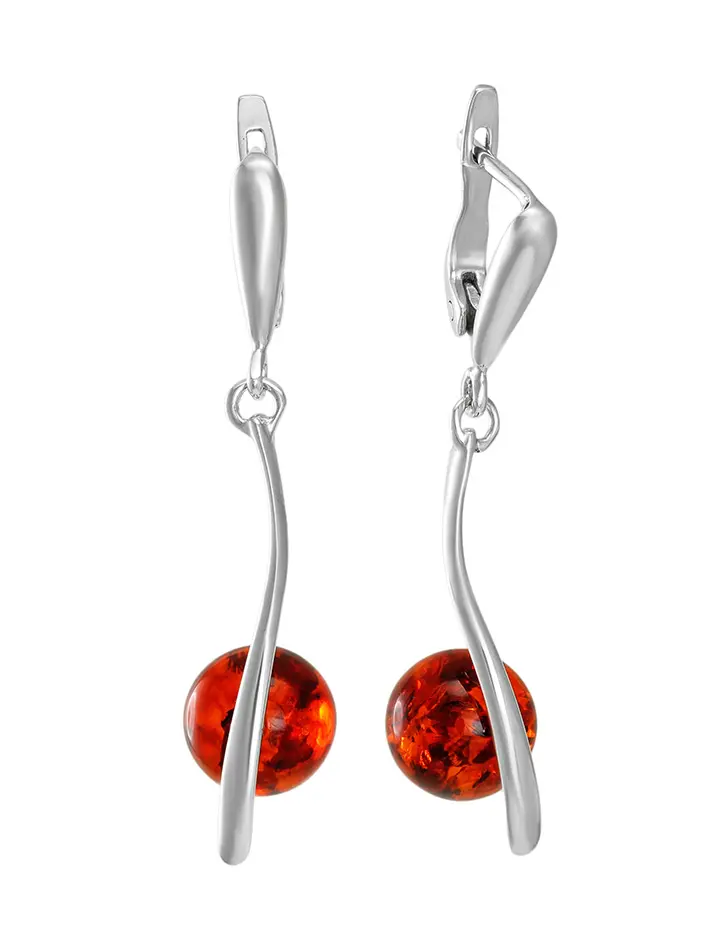 картинка Эффектные серебряные серьги «Лея» с янтарём коньячного цвета в онлайн магазине