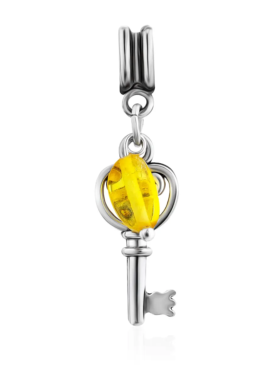 картинка Подвеска-шарм для браслета PANDORA с натуральным янтарём «Ключик» в онлайн магазине