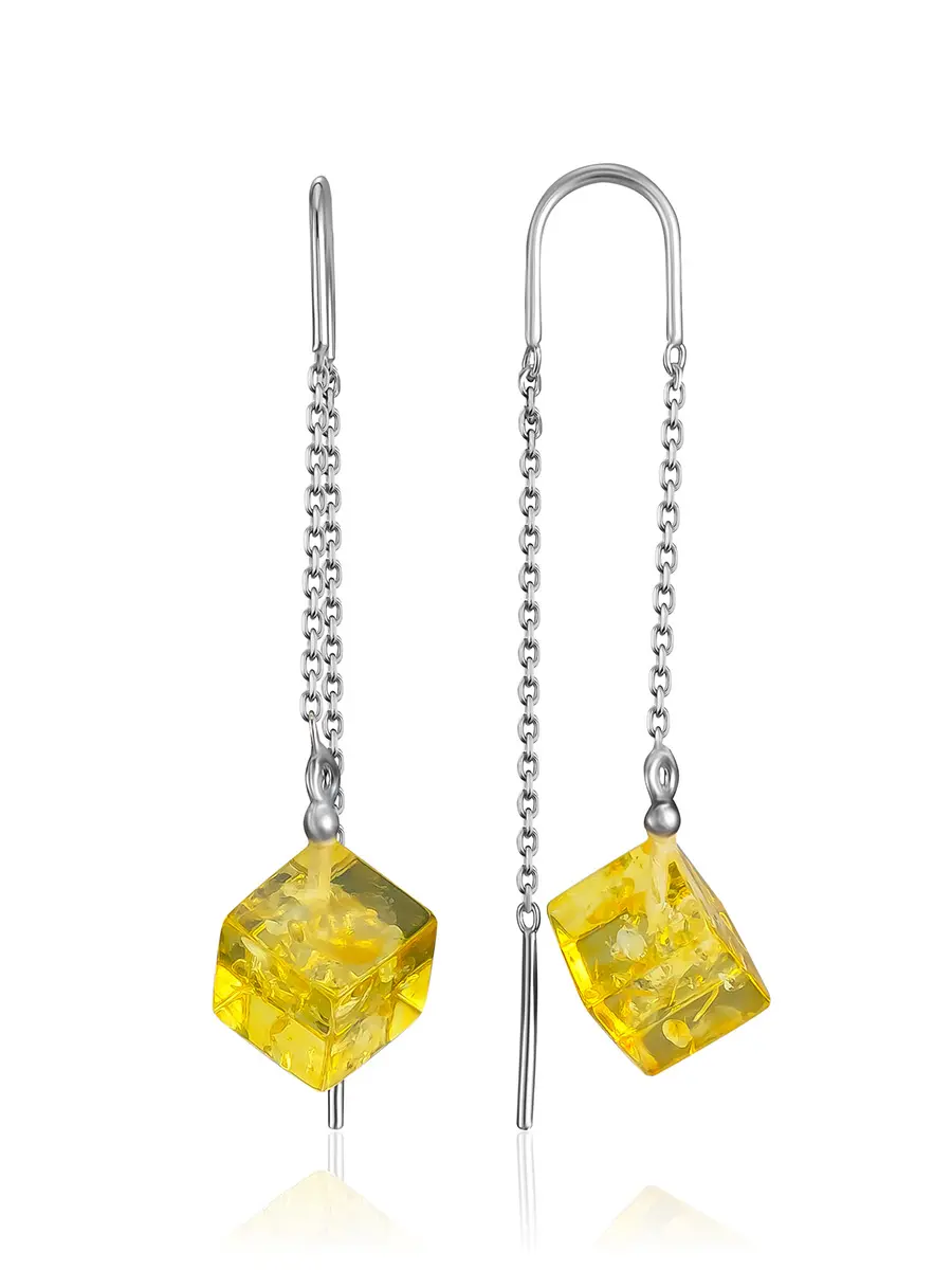 картинка Оригинальные лёгкие серьги-продёвки «Рафинад» с лимонным янтарём в онлайн магазине