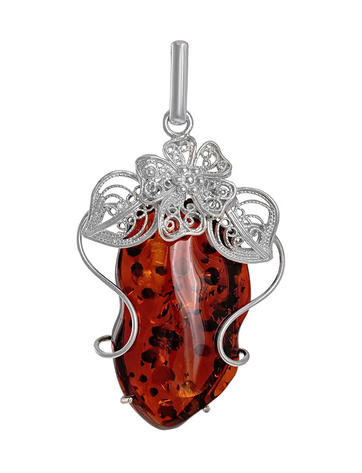 картинка Крупная подвеска из натурального искрящегося янтаря коньячного цвета в серебре «Филигрань» в онлайн магазине