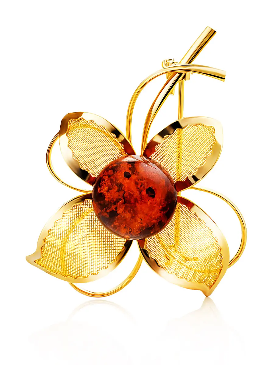 картинка Изысканная брошь в позолоте, украшенная натуральным балтийским янтарём Beoluna в онлайн магазине