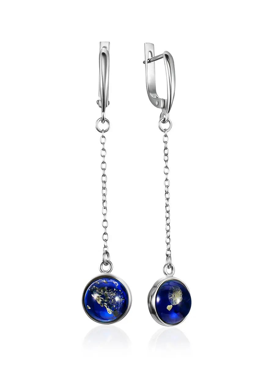 картинка Изящные серьги «Сорбонна» с янтарём синего цвета на цепочках в онлайн магазине