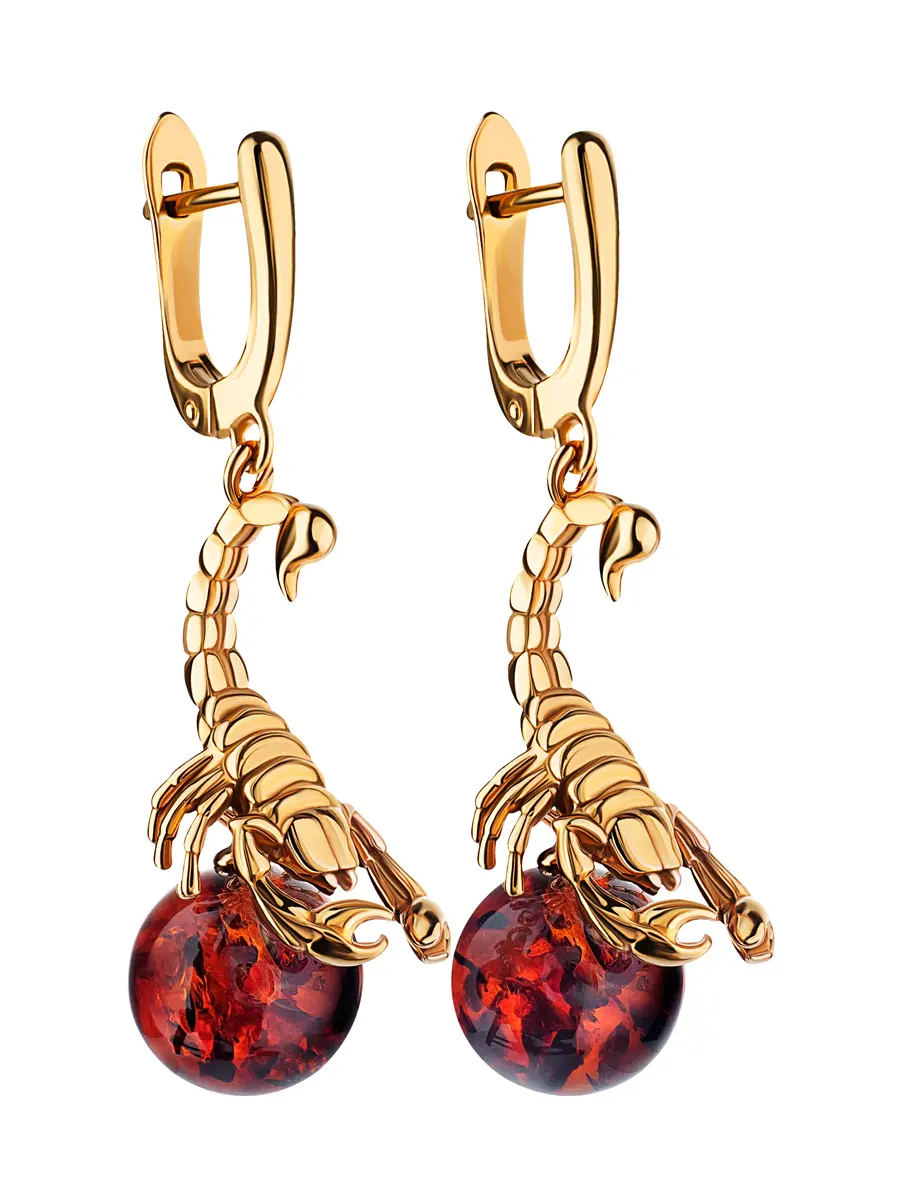 картинка Эффектные позолоченные серьги с вишнёвым янтарём «Скорпион» в онлайн магазине