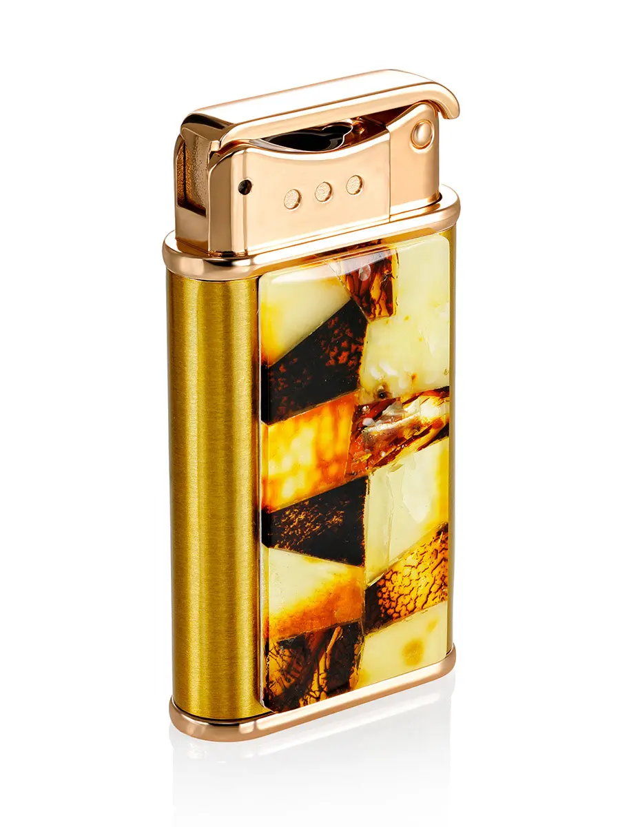 картинка Зажигалка в металлическом корпусе бронзового цвета с яркой янтарной мозаикой в онлайн магазине