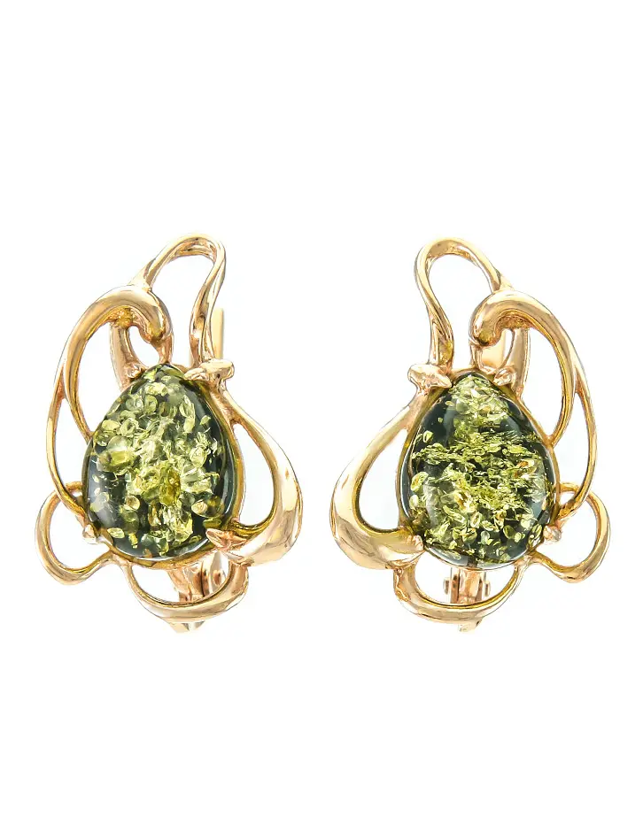 картинка Ажурные серьги из золота с натуральным зелёным янтарём «Ромашка» в онлайн магазине