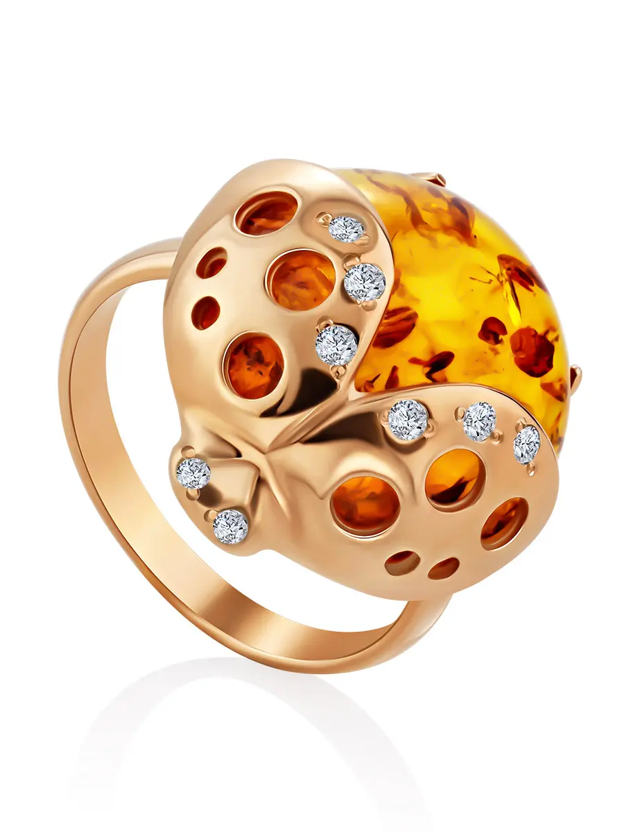 картинка Яркое нарядное кольцо из натурального янтаря «Божья коровка» в онлайн магазине