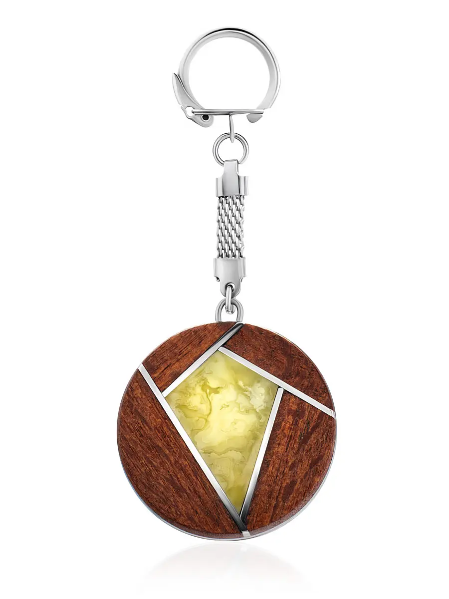 картинка Необычная круглая зажигалка с кольцом для ключей, украшенная деревом и янтарём в онлайн магазине