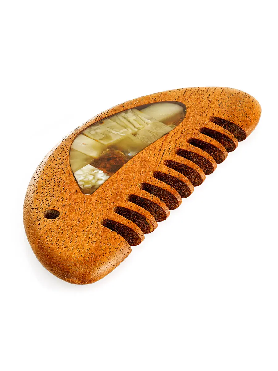 картинка Гребень для волос из дерева, украшенный натуральным янтарём в онлайн магазине