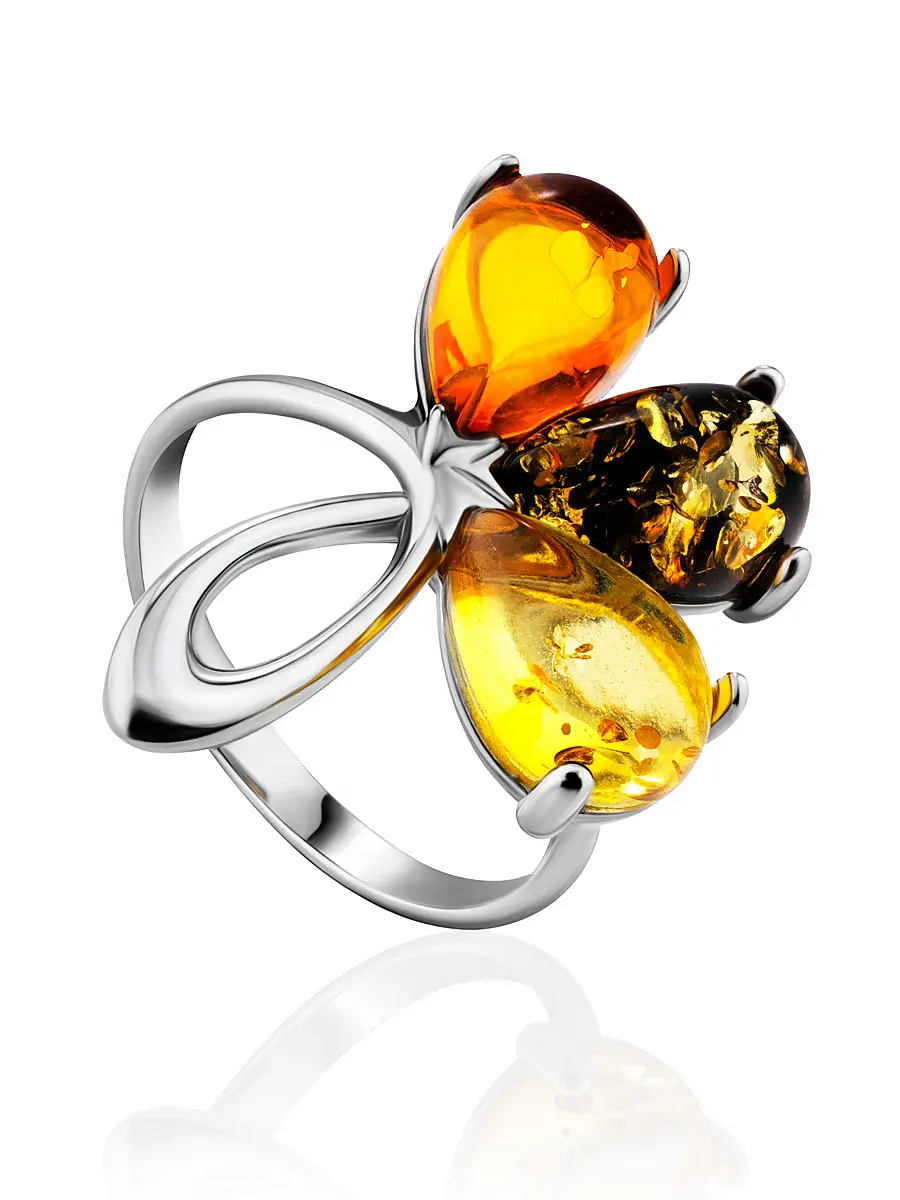 картинка Яркое кольцо со вставками из натурального балтийского янтаря «Одуванчик» в онлайн магазине