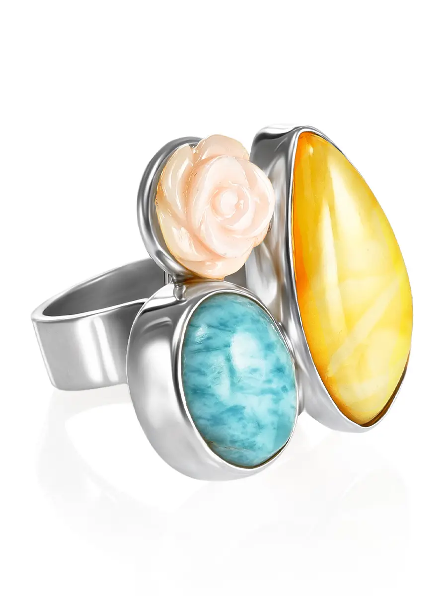 картинка Уникальное кольцо ручной работы «Розамунда», украшенное янтарём, бирюзой и стромбусом в онлайн магазине
