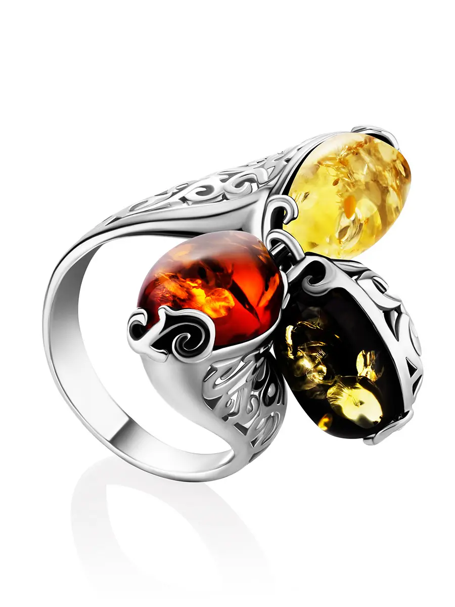 картинка Оригинальное ажурное кольцо с натуральным янтарём трёх цветов «Касабланка» в онлайн магазине