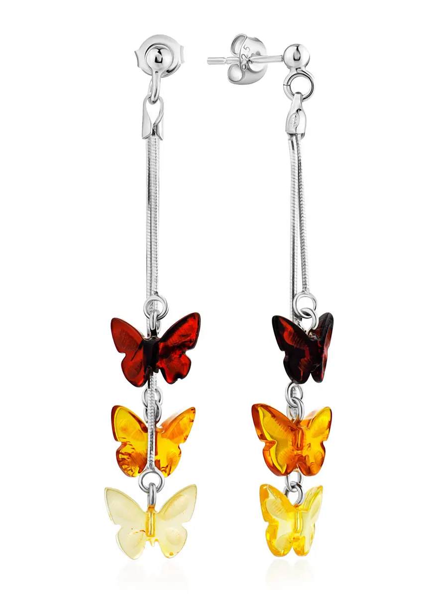картинка Серьги из натурального балтийского янтаря и серебра «Бабочки на цепочках» из коллекции «Апрель» в онлайн магазине