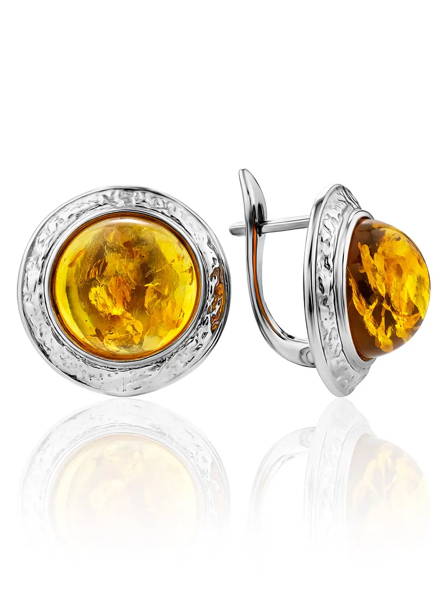 картинка Серьги круглой формы с натуральным янтарём золотисто-лимонного цвета «Ампир» в онлайн магазине