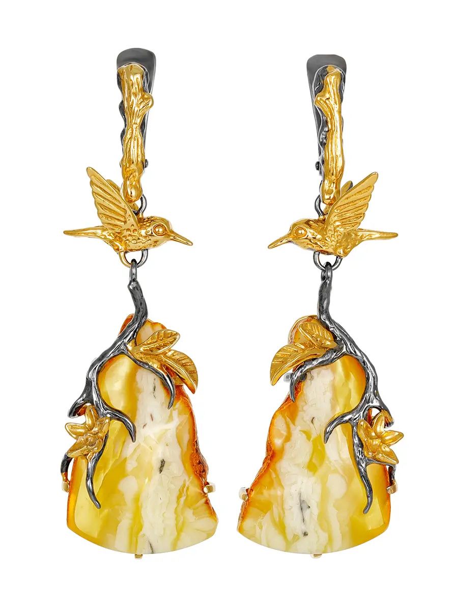 картинка Эффектные серьги из натурального янтаря в золочённом серебре «Колибри» в онлайн магазине
