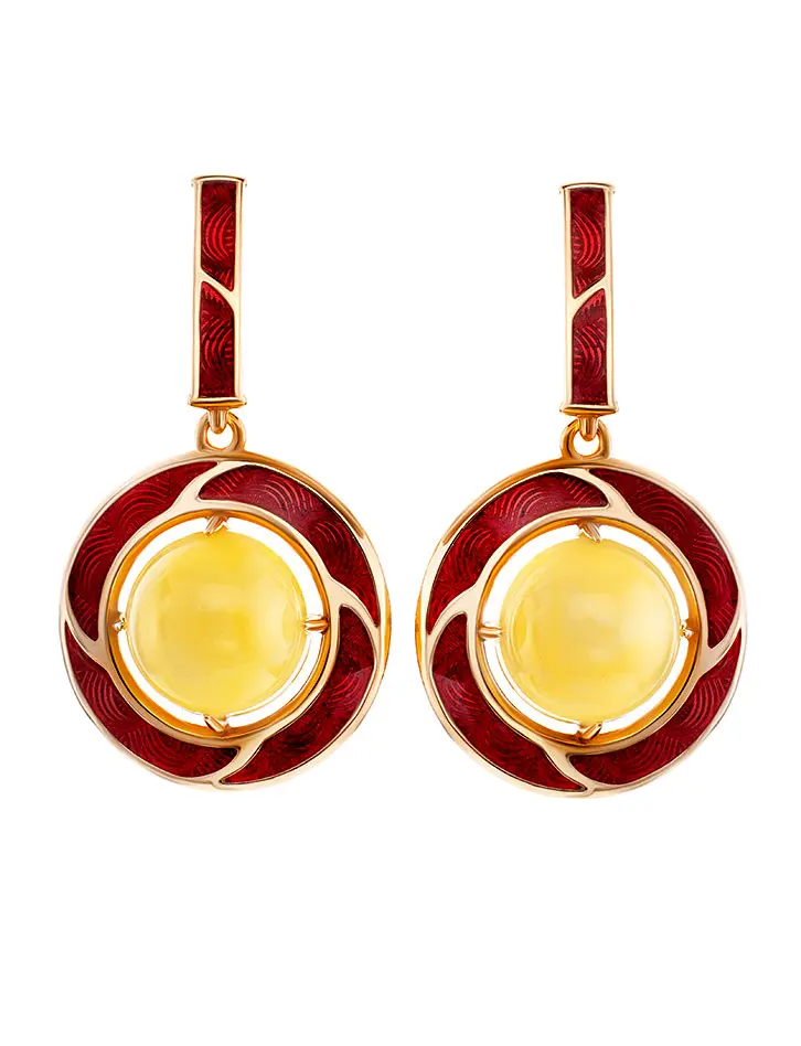 картинка Эффектные серьги с красной эмалью и медовым янтарём «Ампир» в онлайн магазине