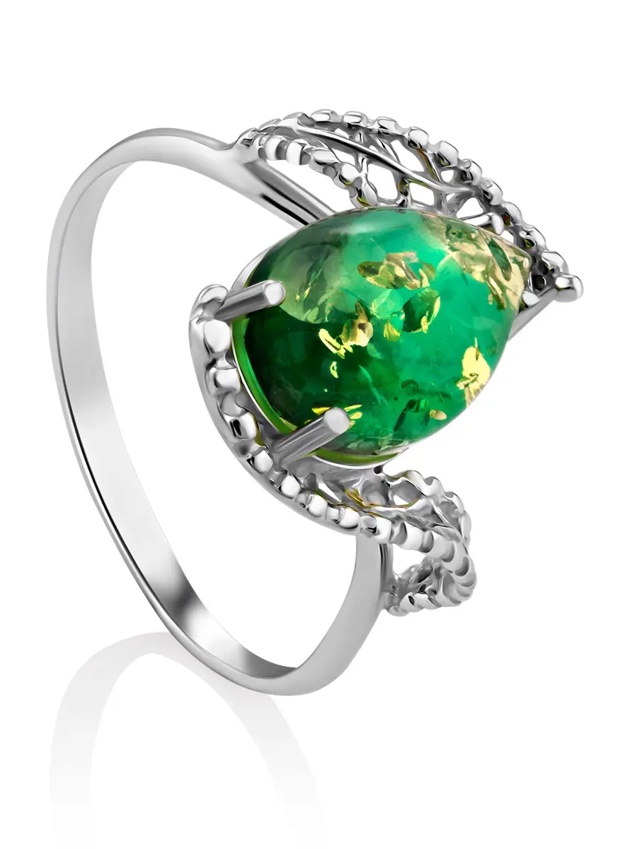 картинка Изящное ажурное кольцо с янтарём изумрудного оттенка «Венера» в онлайн магазине