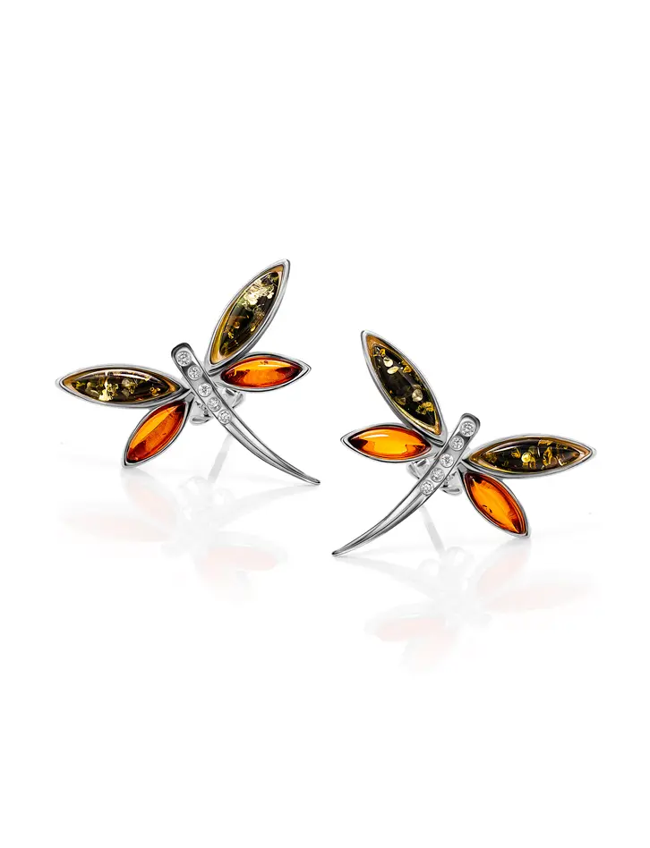 картинка Серьги в виде стрекозы с натуральным янтарём двух оттенков «Апрель» в онлайн магазине