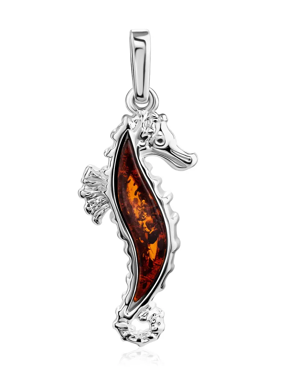 картинка Изящный кулон с натуральным ярко-коньячным янтарём «Морской конёк» в онлайн магазине