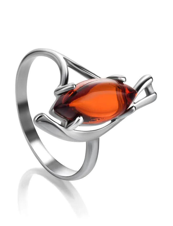 картинка Легкое кольцо со вставкой из натурального коньячного янтаря «Ирис» в онлайн магазине