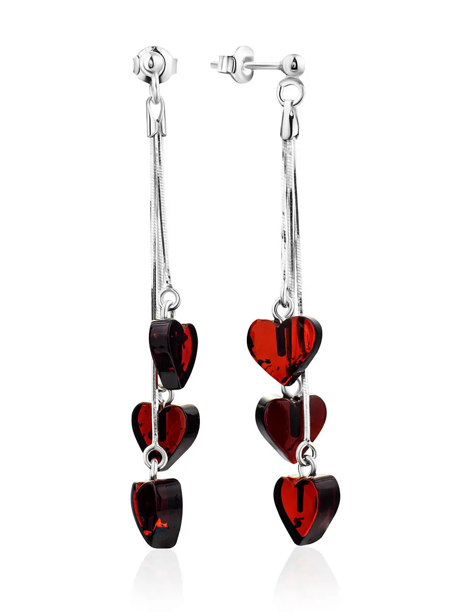 картинка Серьги на цепочках с натуральным янтарем «Сердечки вишневые на цепочке» в онлайн магазине