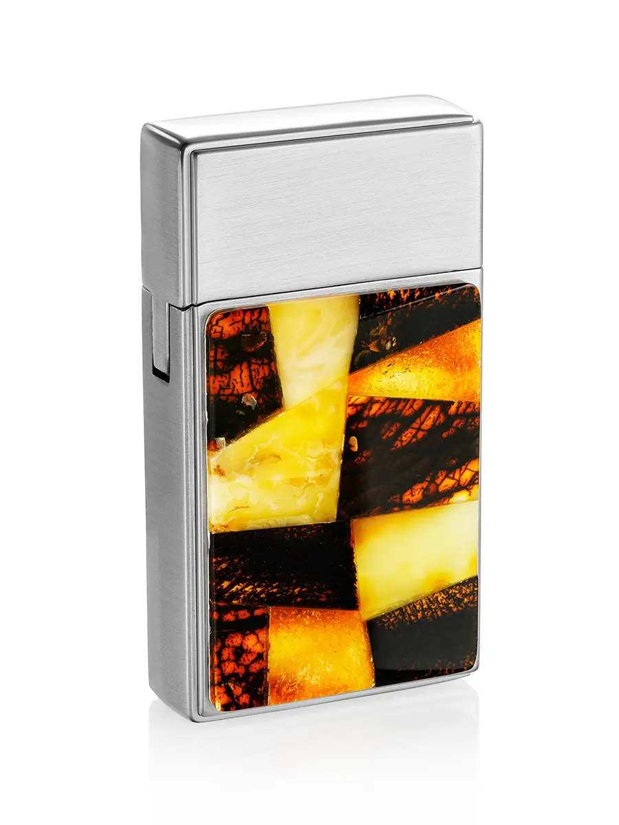 картинка Зажигалка в металлическом корпусе стального цвета с яркой янтарной мозаикой в онлайн магазине