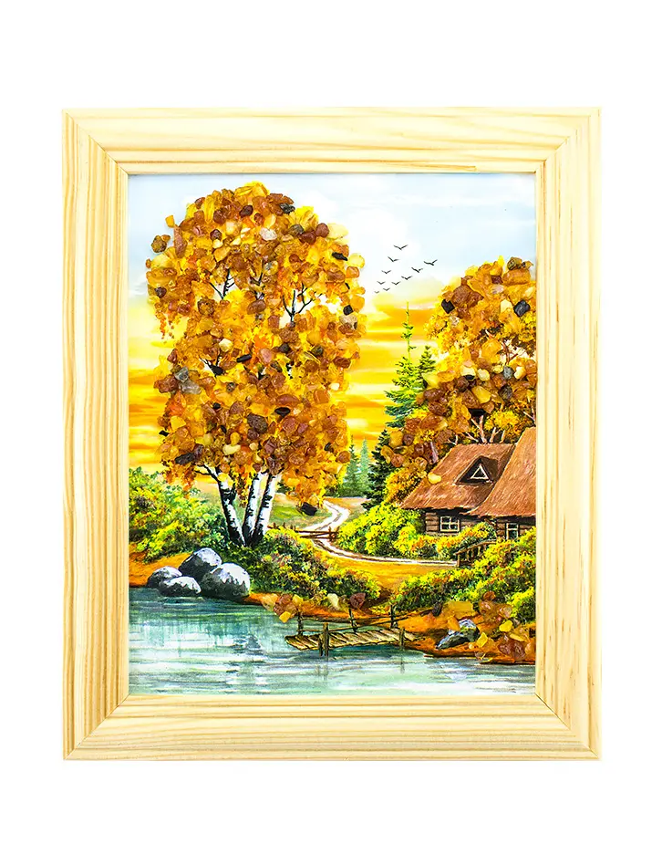 картинка «Домик у реки». Небольшая вертикально ориентированная картина, украшенная янтарем в онлайн магазине