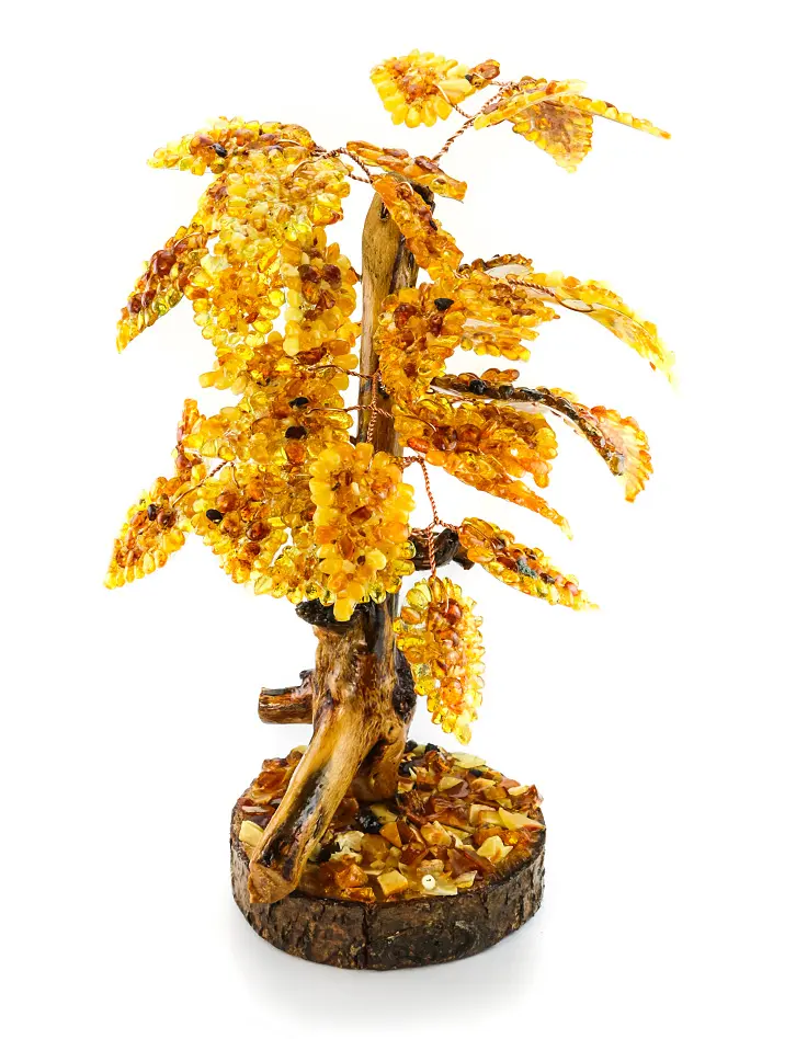 картинка Роскошное дерево с крупными листьями из натурального янтаря золотисто-коньячных оттенков в онлайн магазине