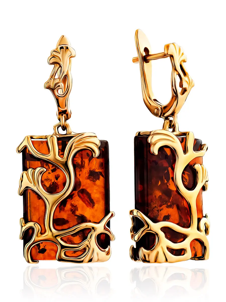 картинка Вечерние серьги «Версаль» с коньячным янтарём в позолоченной оправе в онлайн магазине