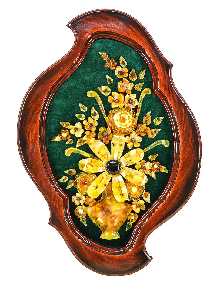 картинка Декоративное панно из натурального янтаря в фигурной раме «Ваза с цветами» 48 х 33 в онлайн магазине