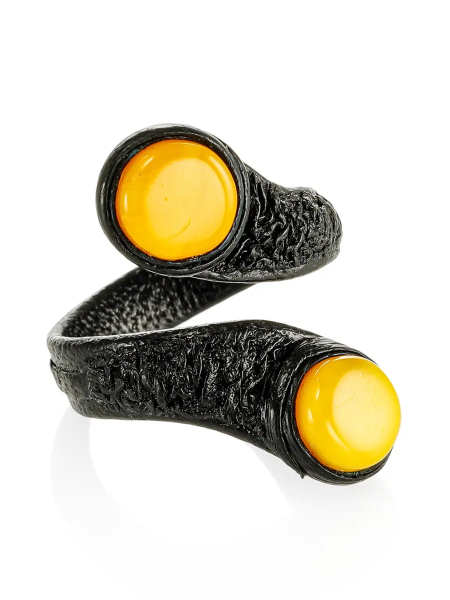 картинка Оригинальное кольцо из натуральной кожи с медовым янтарём «Змейка двойная» в онлайн магазине
