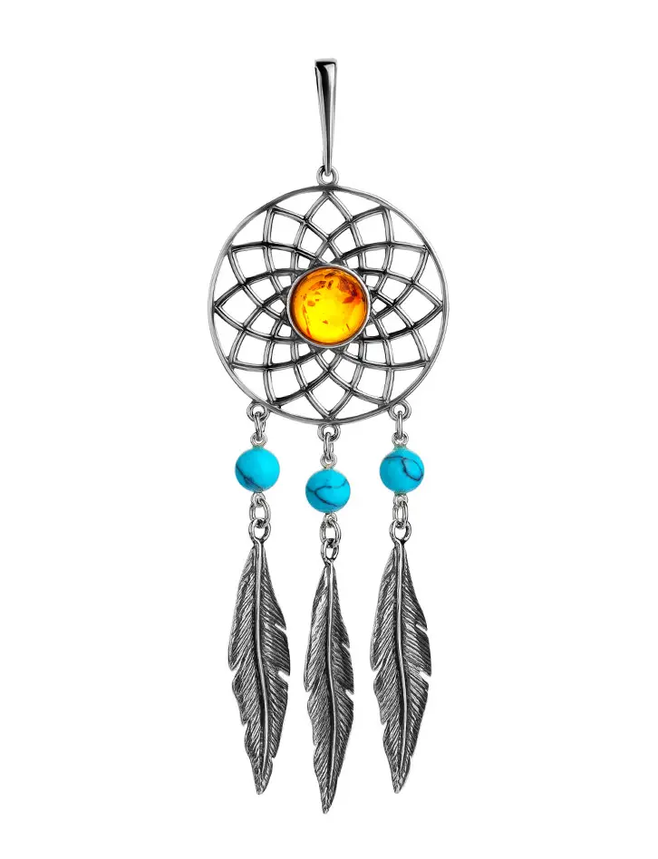 картинка Эффектный кулон с янтарём и бирюзой «Ловец снов» в онлайн магазине