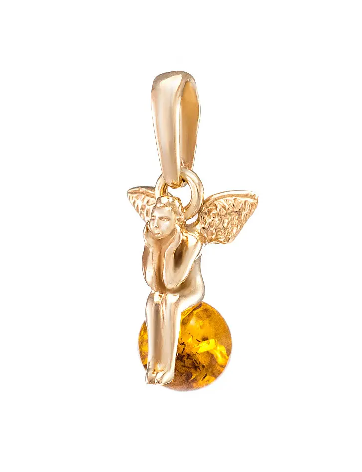 картинка Золотой кулон «Ангелок» с натуральным янтарём коньячного цвета в онлайн магазине