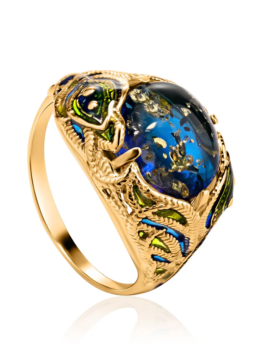 картинка Роскошное кольцо с синим янтарём «Павлин» в онлайн магазине