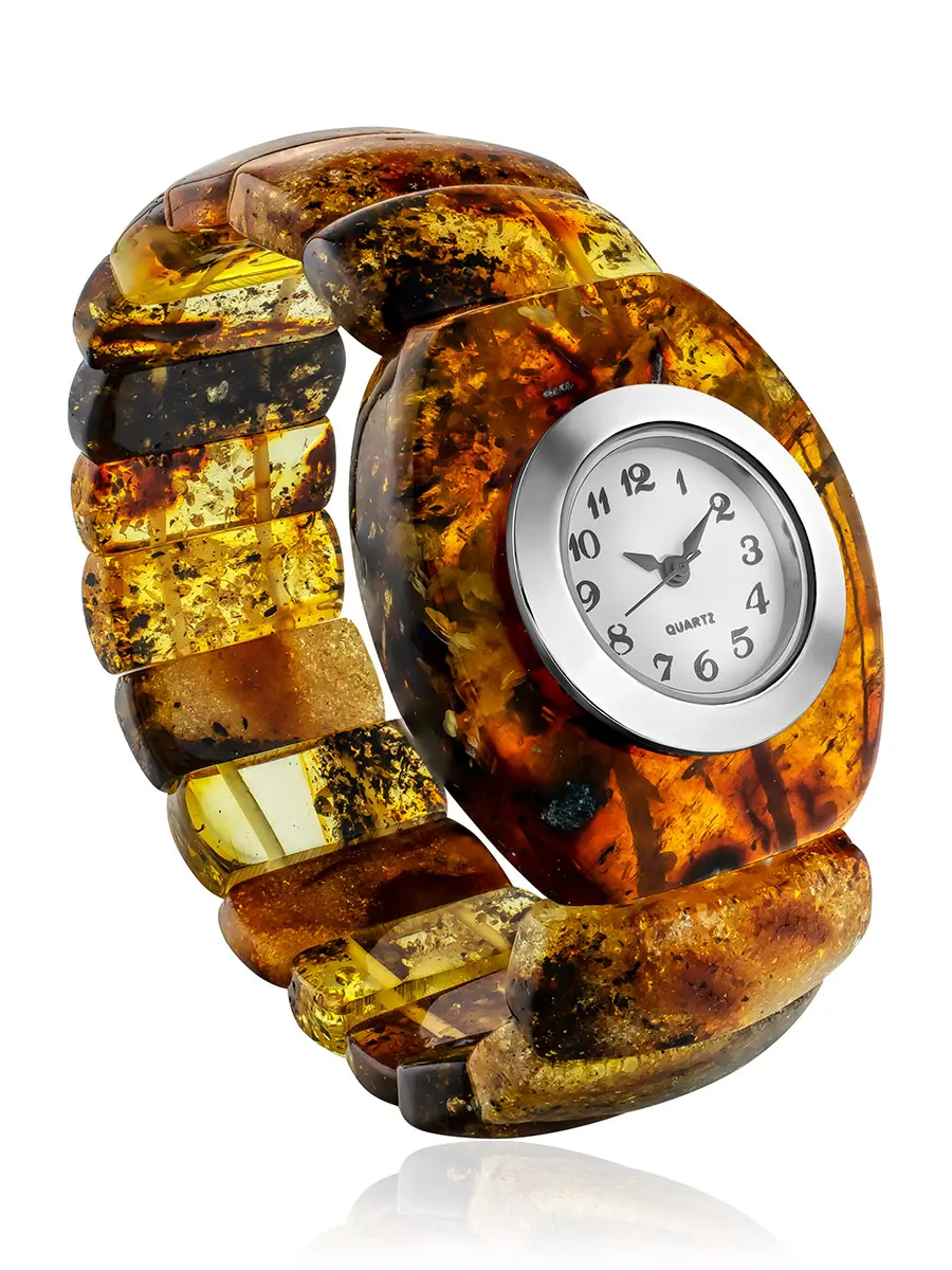 картинка Наручные часы с браслетом из натурального коньячного янтаря с красивой текстурой в онлайн магазине