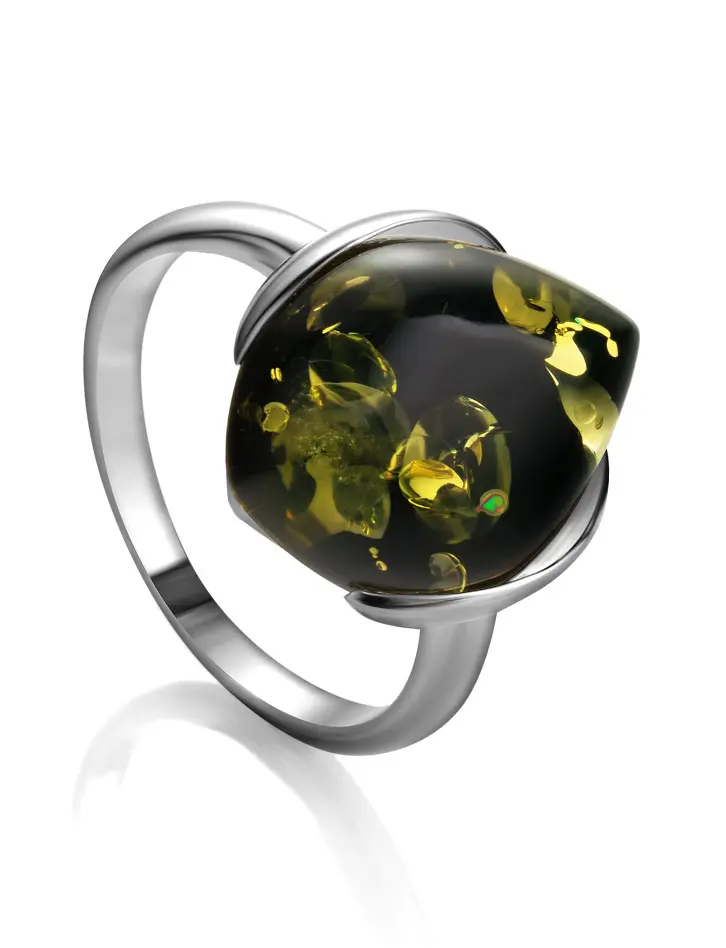 картинка Серебряное кольцо с искрящимся зеленым янтарем «Кошачий глаз» в онлайн магазине