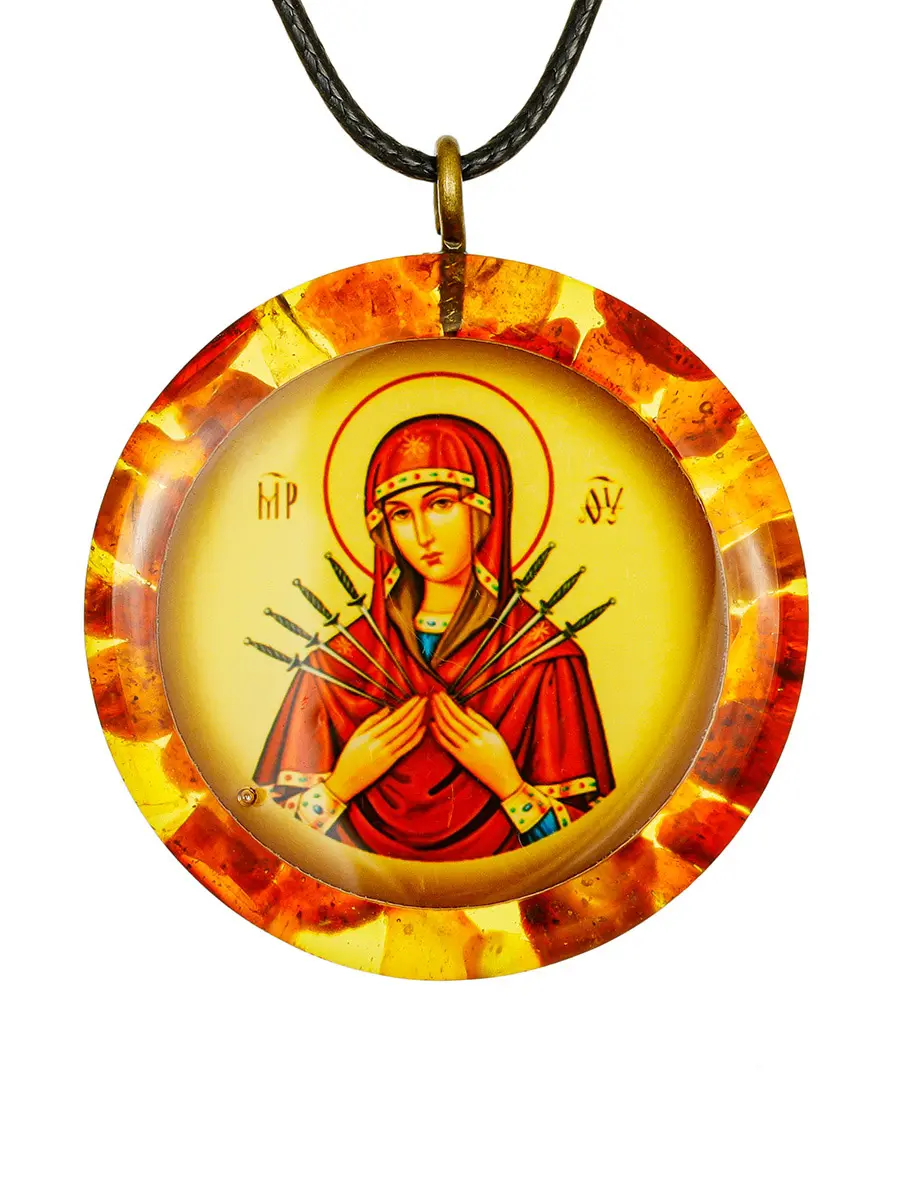 картинка Подвеска-иконка «Богородица Семистрельная» в янтарной оправе в онлайн магазине