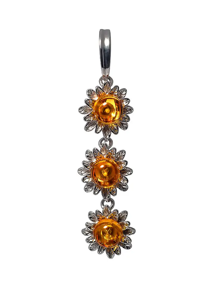 картинка Удлинённый серебряный кулон с натуральным янтарём коньячного цвета «Астра» в онлайн магазине
